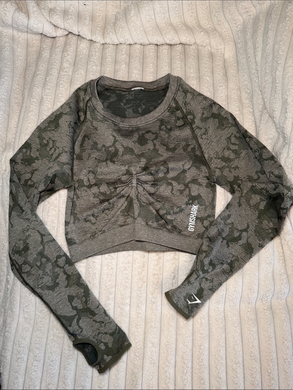 Gymshark Olive Camo Ruched Long-Sleeve Cropped Top